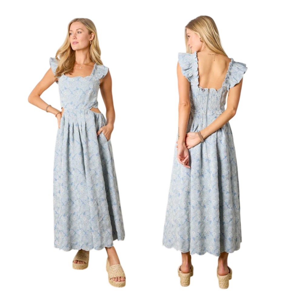 Sofie‎ the Label Dress Womens L Blue Floral Embroidered Ruffle Cutout Midi